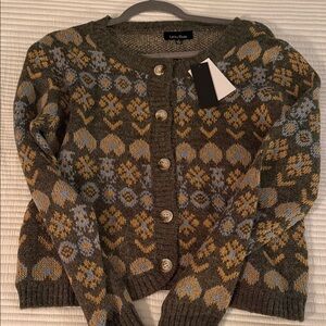 Lea & Viola Olive Fair Isle Crewneck Cardigan with Gold and Light Blue Accents